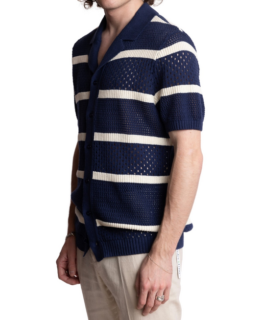 Translation missing: en.Paisley &amp; Gray Men's Short Sleeve Striped Crochet Cardigan Sweater Navy-2XL