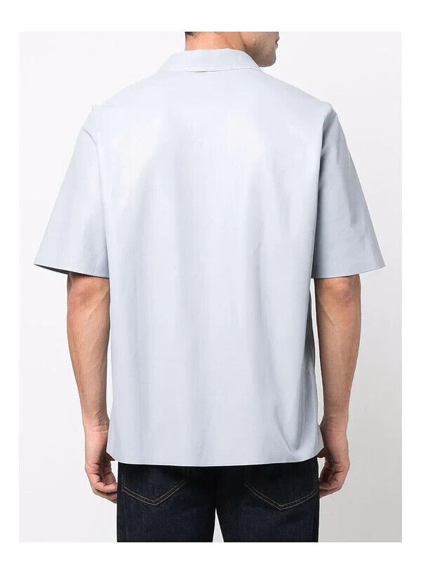 Translation missing: en.Nanushka Bodil Dusty Blue Okobor Faux Leather Camp Shirt-Small