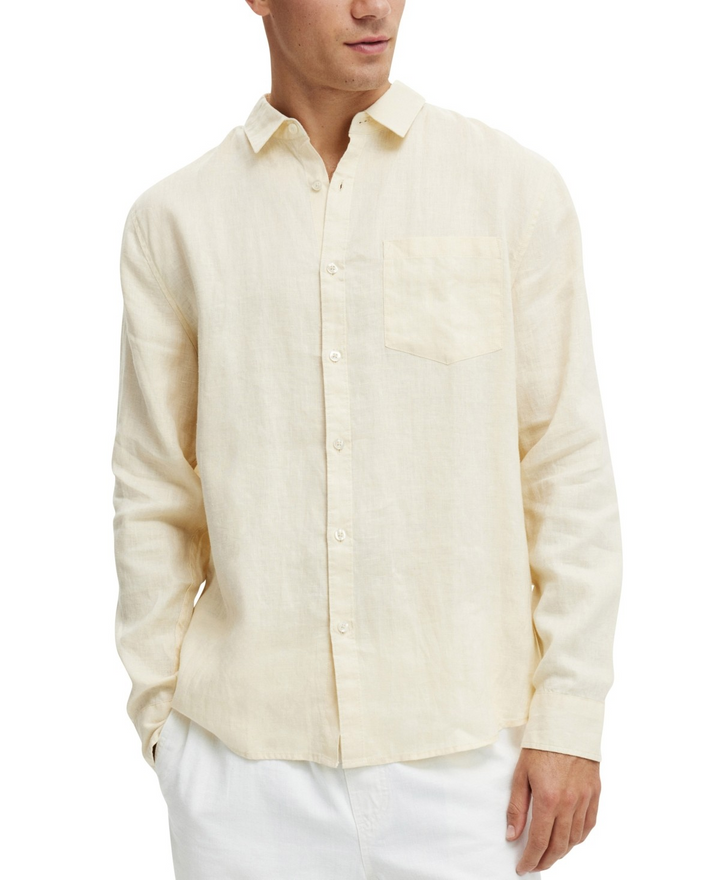 Translation missing: en.Cotton On Men French Linen Long Sleeve Shirt Size Large Cream Reg Fit Pocket