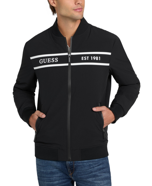Translation missing: en.Guess Men's Bomber Jacket Size Small Jet Black Lightweight Logo Full-Zip Stretch
