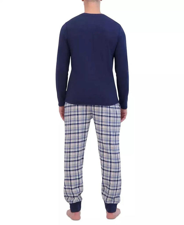 Translation missing: en.Hanes Men's 2-Pc. Henley Crew Top &amp; Ultra Soft Flannel Jogger Sleep Set Blue-Med
