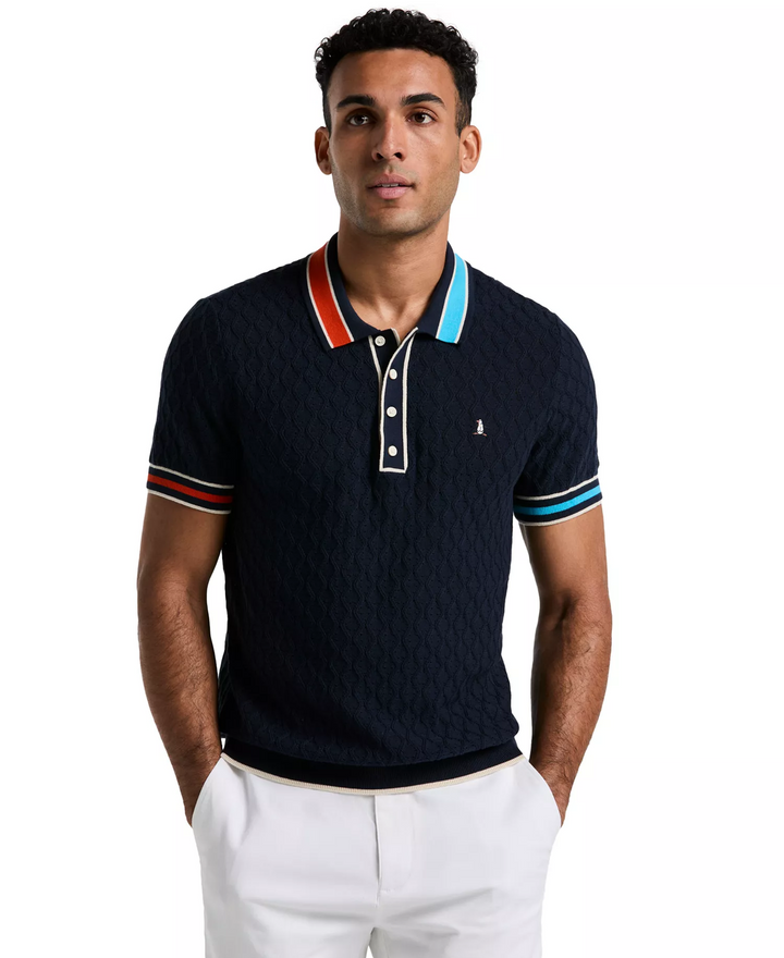 Translation missing: en.Original Penguin Men's  Cotton Pointelle Ribbed Sweater Polo Shirt Blue-XL