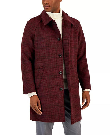 Translation missing: en.Alfani Men's Balmacaan Poly-Wool Plaid-Pattern Dual-Pocket Top Coat Merlot-Small