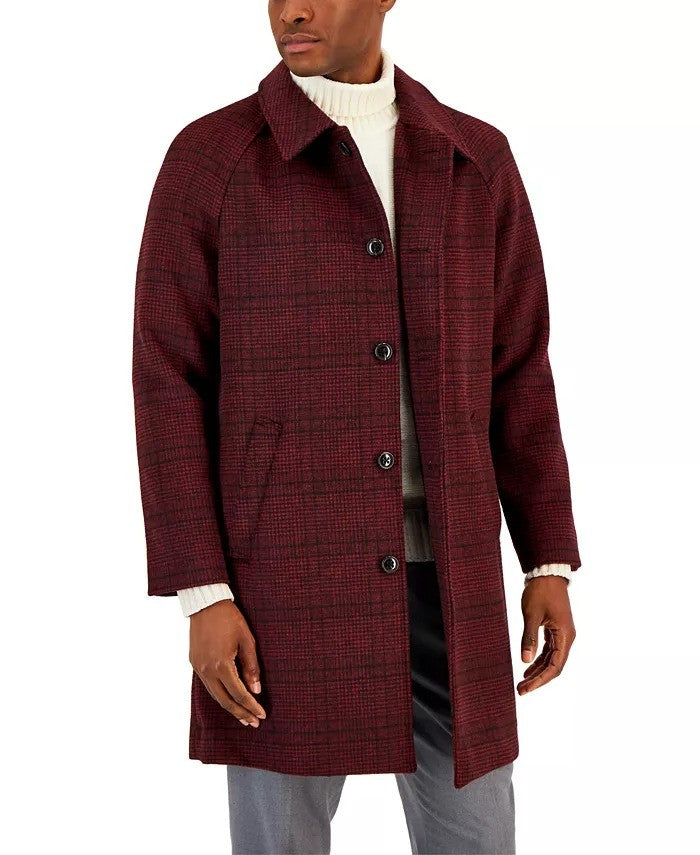 Translation missing: en.Alfani Men's Balmacaan Poly-Wool Plaid-Pattern Dual-Pocket Top Coat Merlot-Small