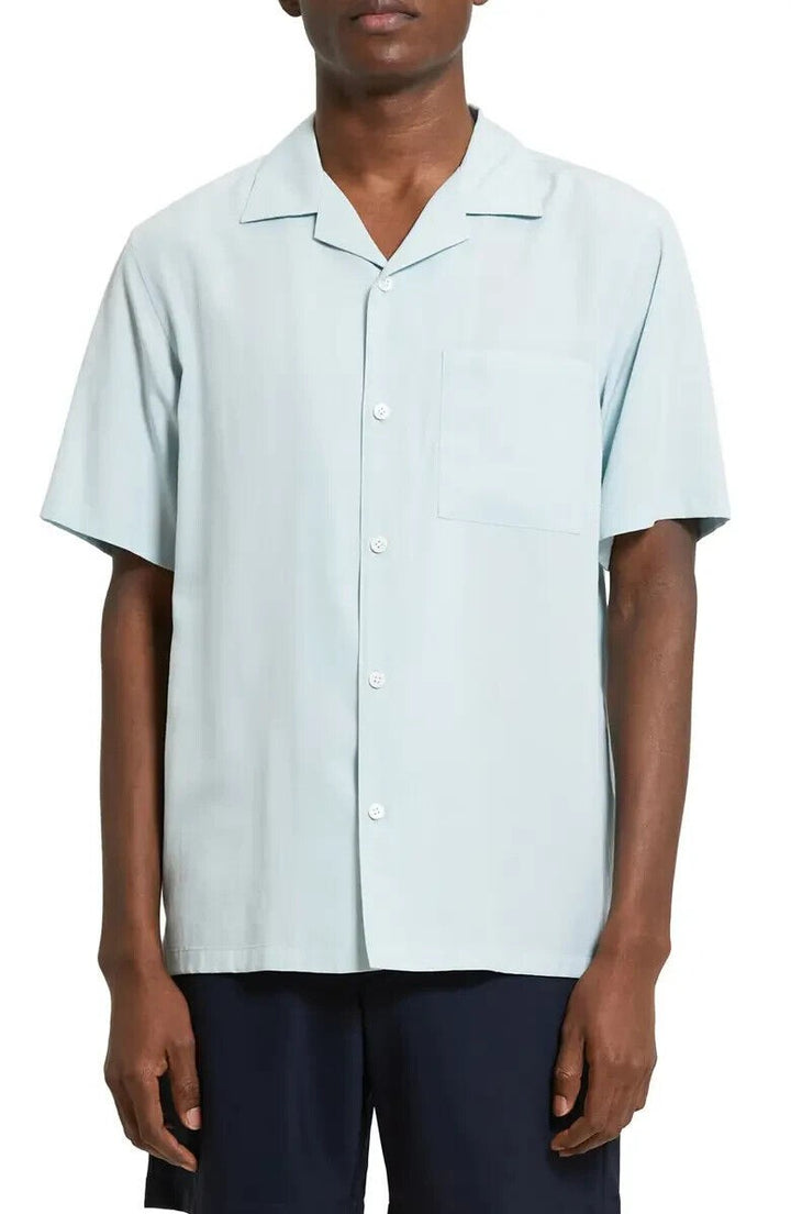 Translation missing: en.Theory Noll Short Sleeve Button-Up Camp Shirt in Stratus Green- Size Small