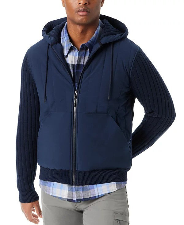 Translation missing: en.Bass Outdoor Sweater Jacket Mens Medium Navy Blaze Mixed Media Zip-Front Hooded