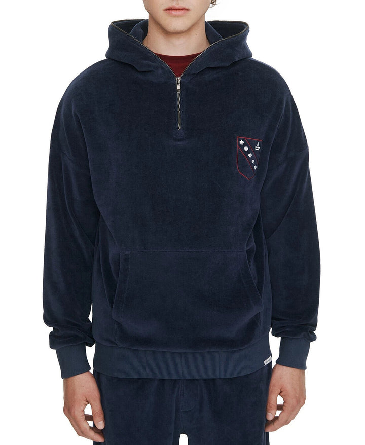Translation missing: en.Eleven Paris Men's Cotton Quarter-Zip Velour Hoodie in Dress Navy-Size Medium