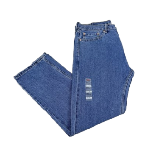 Translation missing: en.A pair of folded blue denim jeans with a vertical white size tag sewn on the front thigh, displayed against a plain white background