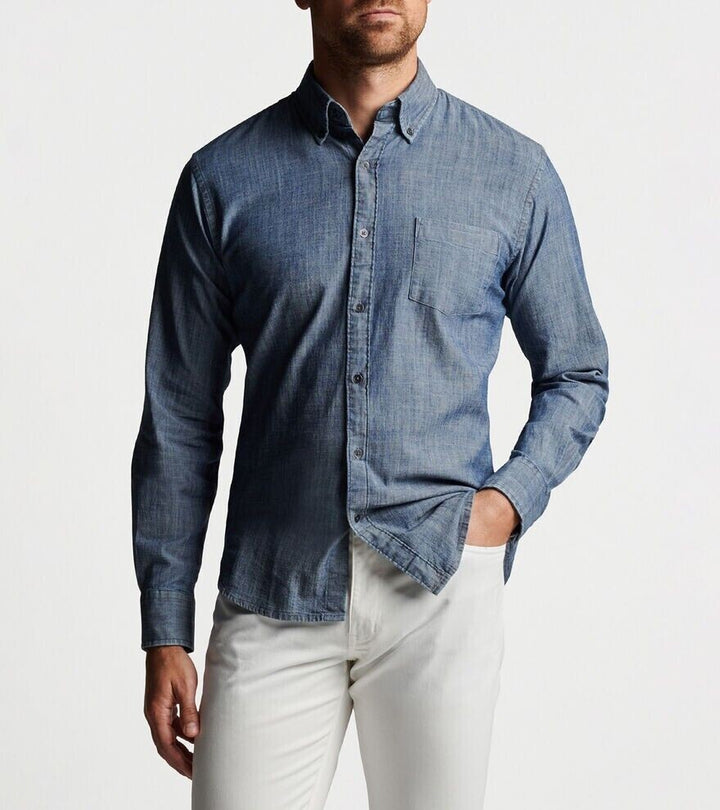 Translation missing: en.Peter Millar Men's Tamworth Chambray Sport Shirt in Indigo Blue-Size Small