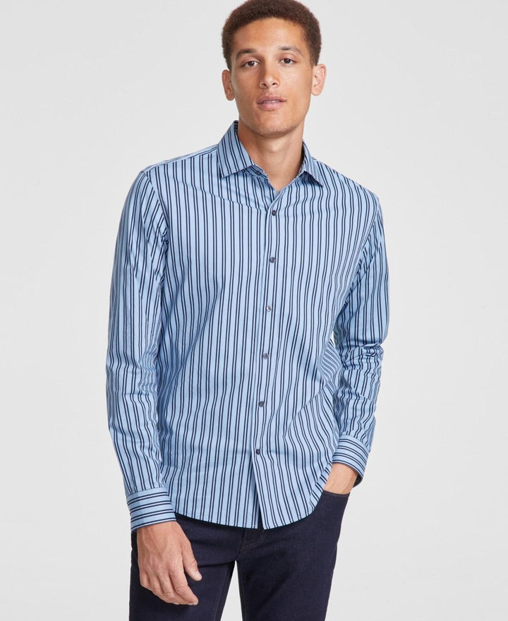 Translation missing: en.Michael Kors Men's Slim-Fit Stretch Halo Stripe Button-Down Shirt Chambray-2XL