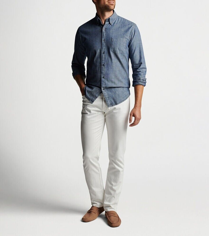 Translation missing: en.Peter Millar Men's Tamworth Chambray Sport Shirt in Indigo Blue-Size Small