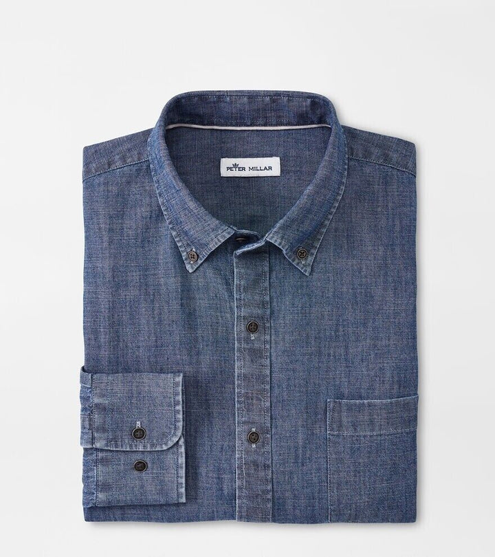 Translation missing: en.Peter Millar Men's Tamworth Chambray Sport Shirt in Indigo Blue-Size Small