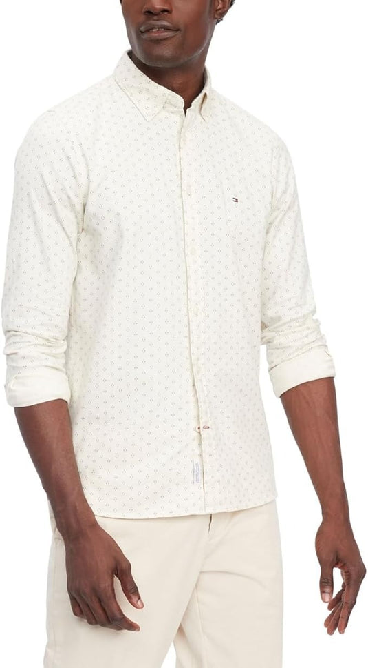 Translation missing: en.Tommy Hilfiger Men's Flex Slim-Fit Brushed Twill Printed Shirt Ecru-Small