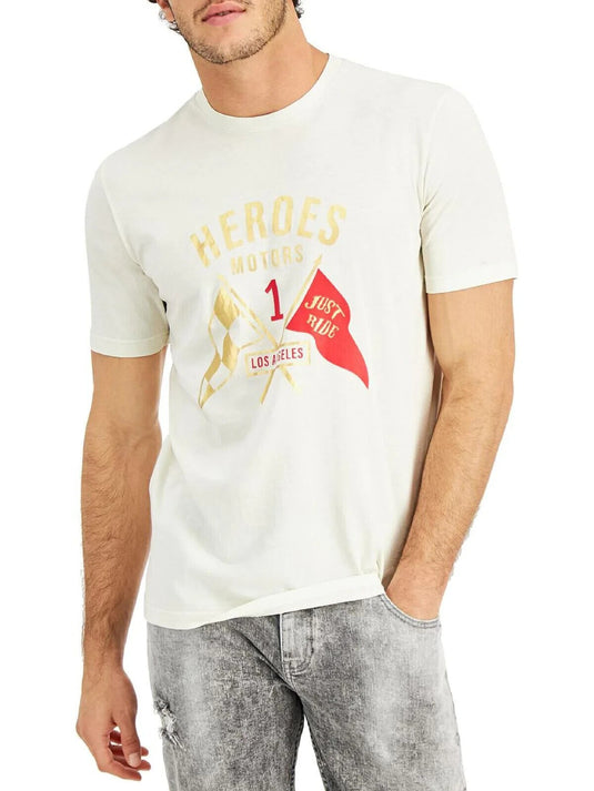 Translation missing: en.Heroes Motors Men's Cotton Crew Neck Flagged T-Shirt in Off White-Medium