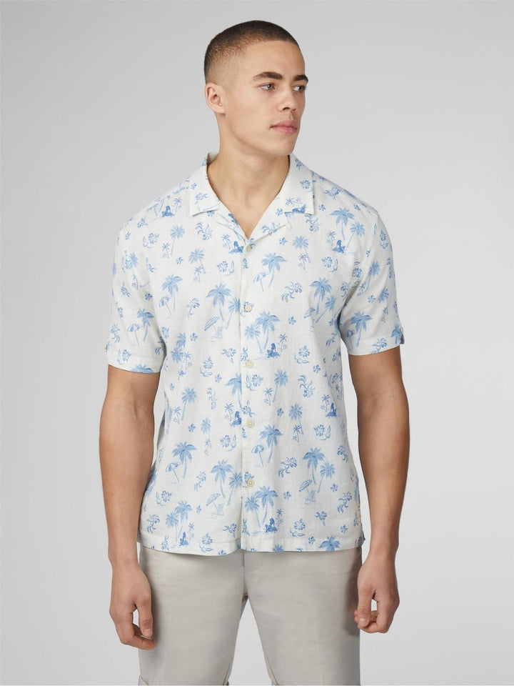 Translation missing: en.Ben Sherman Resort Tropical Print Linen &amp; Cotton Camp Shirt in Ivory Blue-Medium