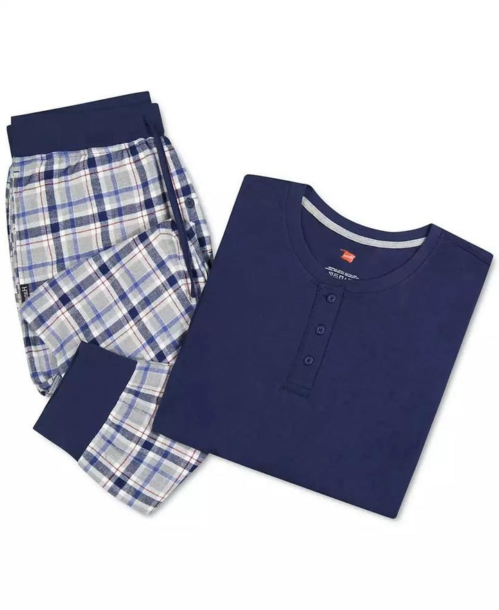 Translation missing: en.Hanes Men's 2-Pc. Henley Crew Top &amp; Ultra Soft Flannel Jogger Sleep Set Blue-Med