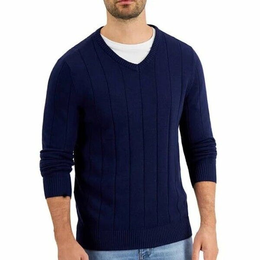 Translation missing: en.Club Room Men's Drop-Needle V-Neck Cotton Sweater in Navy Blue-Small