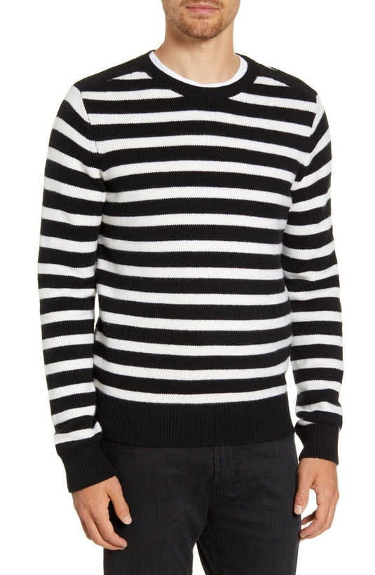Translation missing: en.FRAME Stripe Crewneck Merino Wool Blend Sweater Black/Ivory-Size Medium