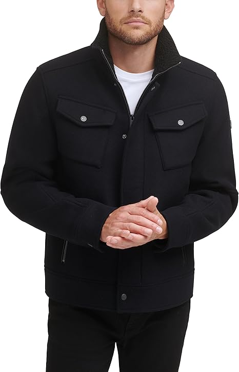 Translation missing: en.Kenneth Cole Mens Textured Wool Blend Sherpa Inner Collar Jacket Black-Medium
