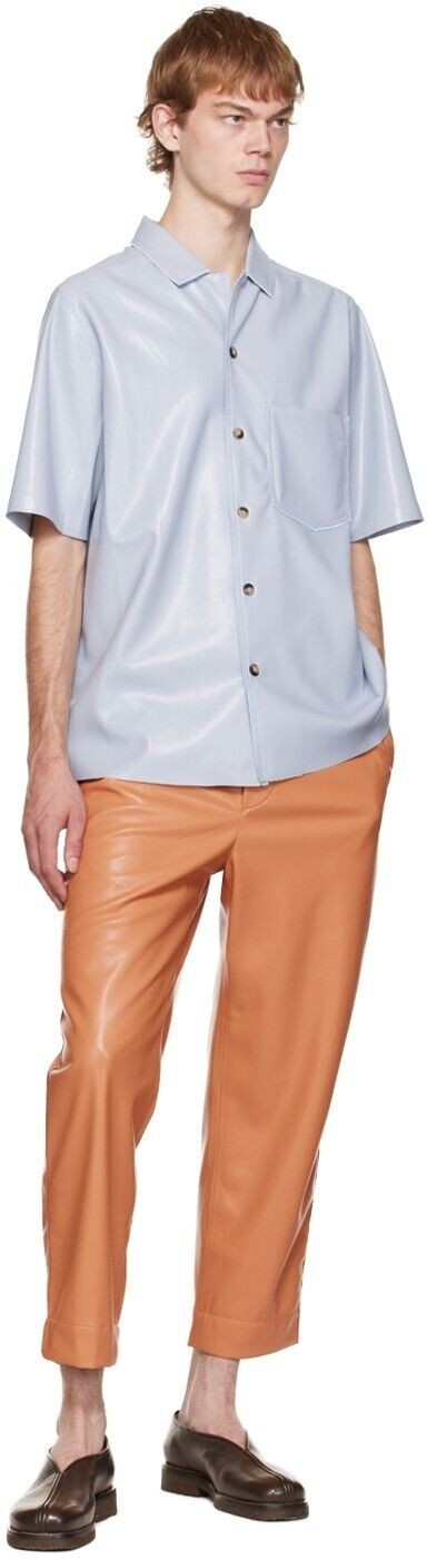 Translation missing: en.Nanushka Bodil Dusty Blue Okobor Faux Leather Camp Shirt-Small