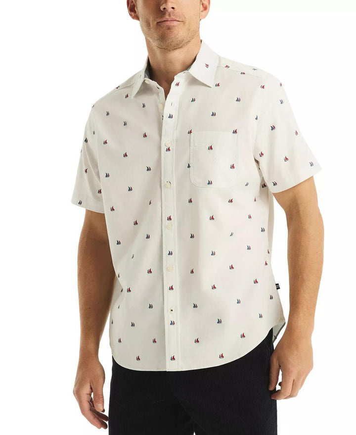 Translation missing: en.Nautica Men's Short Sleeve Button Front Sailboat Print Shirt Bright White-Medium