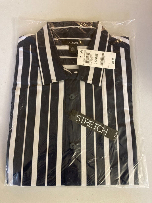 Translation missing: en.Alfani Men's All Cotton Vertical Striped Shirt in Navy-Size Large