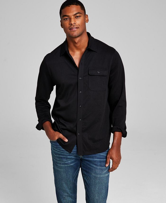 Translation missing: en.And Now This Men's Classic-Fit Solid Knit Button-Down Shirt in Black-Small