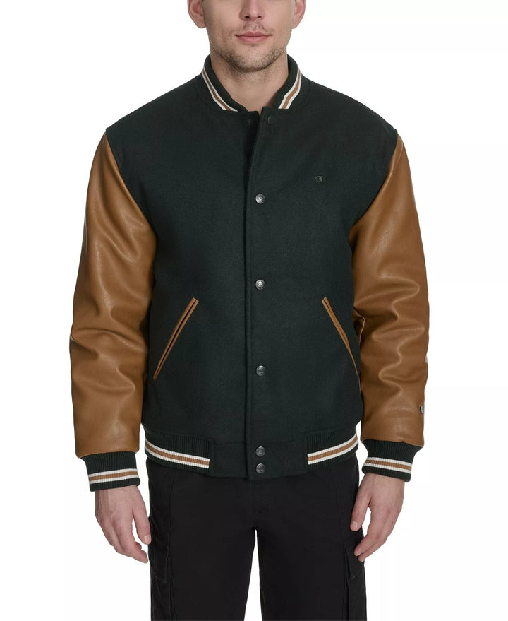 Translation missing: en.Champion Men's Mixed Media Varsity Jacket - Rainforest/Tobacco -Size Medium