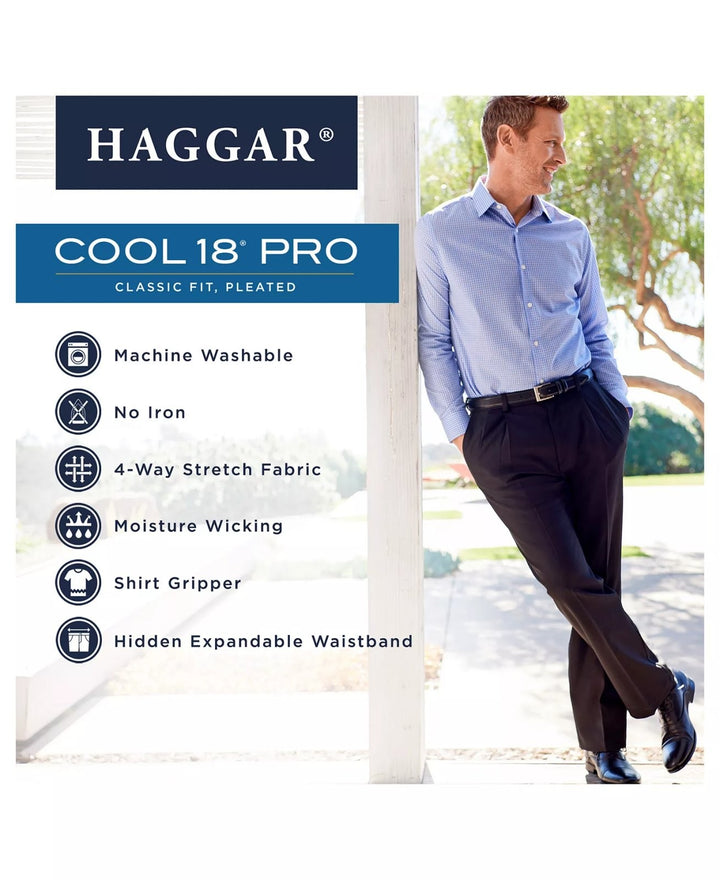 Translation missing: en.Haggar Men's Cool 18 Pro Reg-Fit 4-Way Stretch Pleated No Iron Pants Navy-44x29