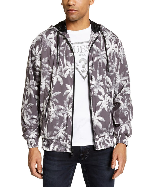 Translation missing: en.GUESS Men's Hooded Palm Tree Cool Weather Jacket Venice Palms Greyscale-Size 2XL