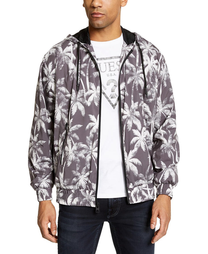 Translation missing: en.GUESS Men's Hooded Palm Tree Cool Weather Jacket Venice Palms Greyscale-Size 2XL