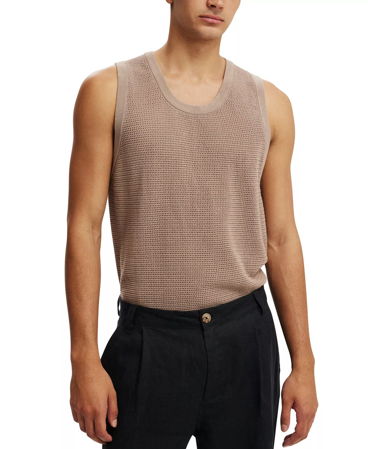 Translation missing: en.Cotton On Men's Open Knit Tank Top Loose Fit in Taupe-Medium