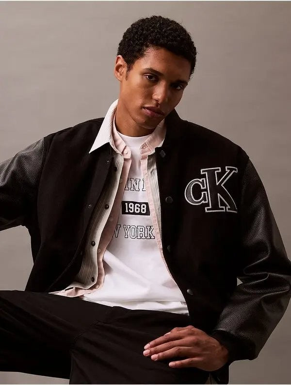 Translation missing: en.Calvin Klein Men's Varsity Monogram Wool Blend Bomber Jacket Black-Medium