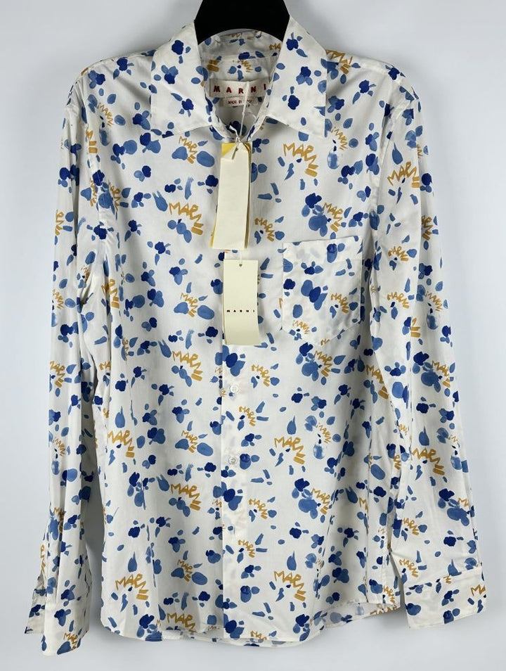 Translation missing: en.Marni Mens Prem. Cotton Logo Dripping Paint Splatter Shirt White-IT 50 US Large