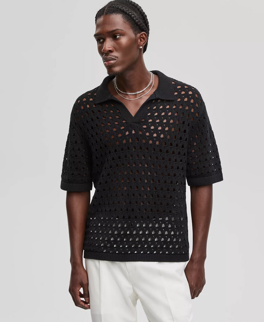 Translation missing: en.Mode of One Men's Johnny-Collar Open-Stitch Short-Sleeve Sweater Black-Medium