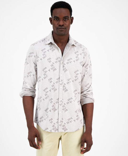 Translation missing: en.Alfani Men's Jacquard Knit Button-Down L/S Shirt Silver Cloud Heather-Small