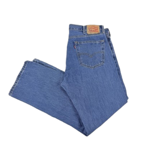 Translation missing: en.A pair of folded blue denim jeans, showing the back pocket and waistband with a leather patch, on a plain white background