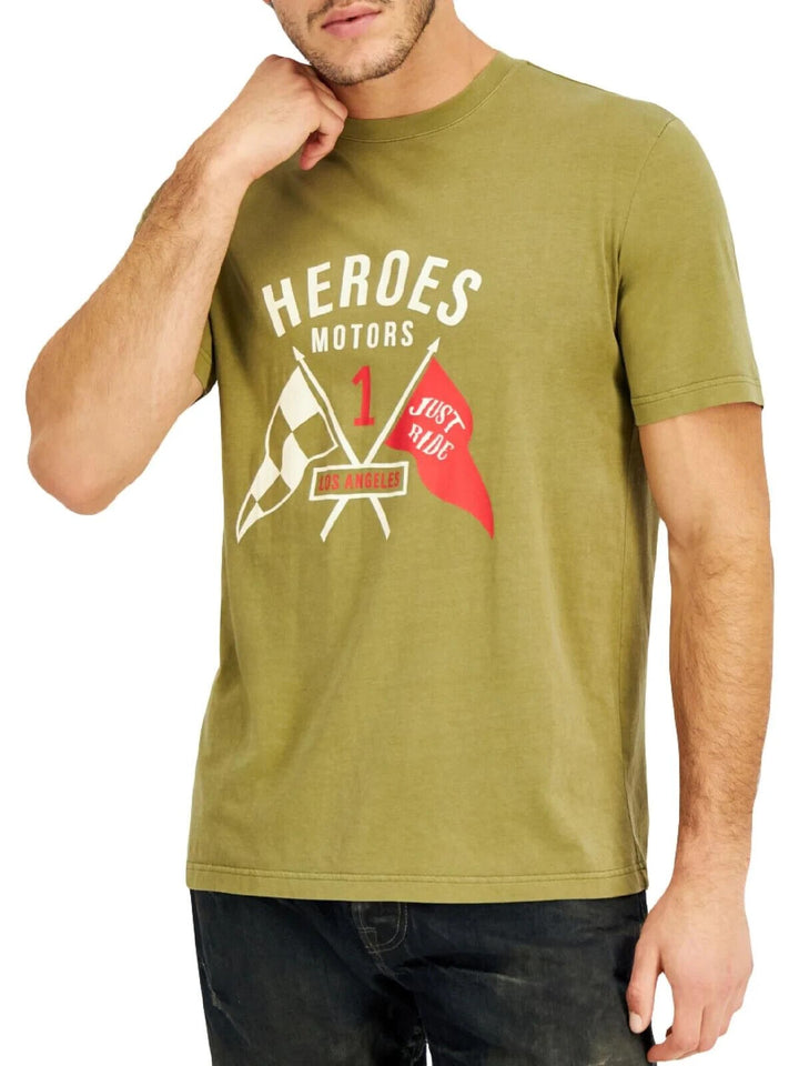 Translation missing: en.Heroes Motors Men's Cotton Crew Neck Flagged T-Shirt in Army Green-Medium