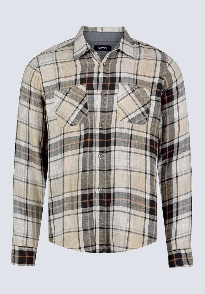 Translation missing: en.Buffalo David Men's Saolo Woven Plaid Cotton Shirt in Tan-Size Large