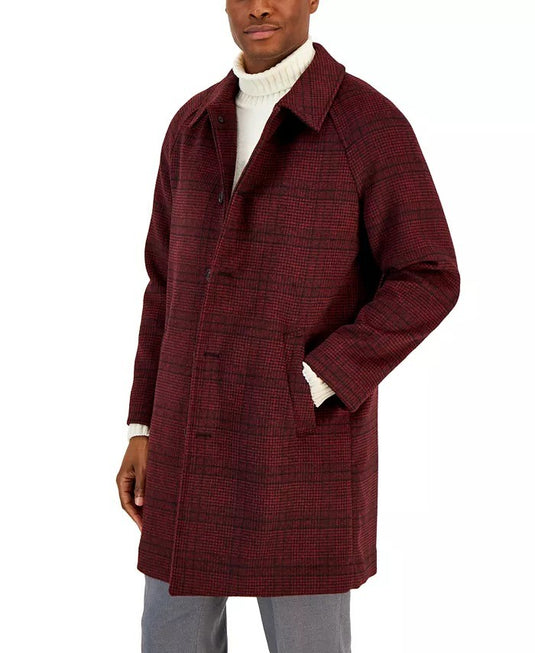Translation missing: en.Alfani Men's Balmacaan Poly-Wool Plaid-Pattern Dual-Pocket Top Coat Merlot-Large