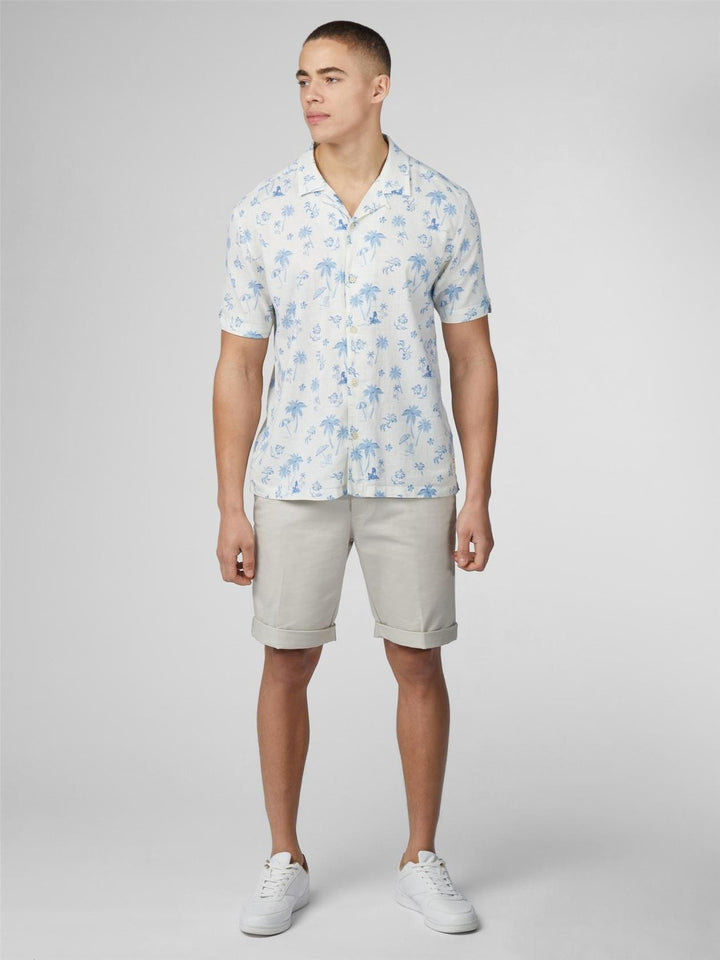Translation missing: en.Ben Sherman Resort Tropical Print Linen &amp; Cotton Camp Shirt in Ivory Blue-Medium