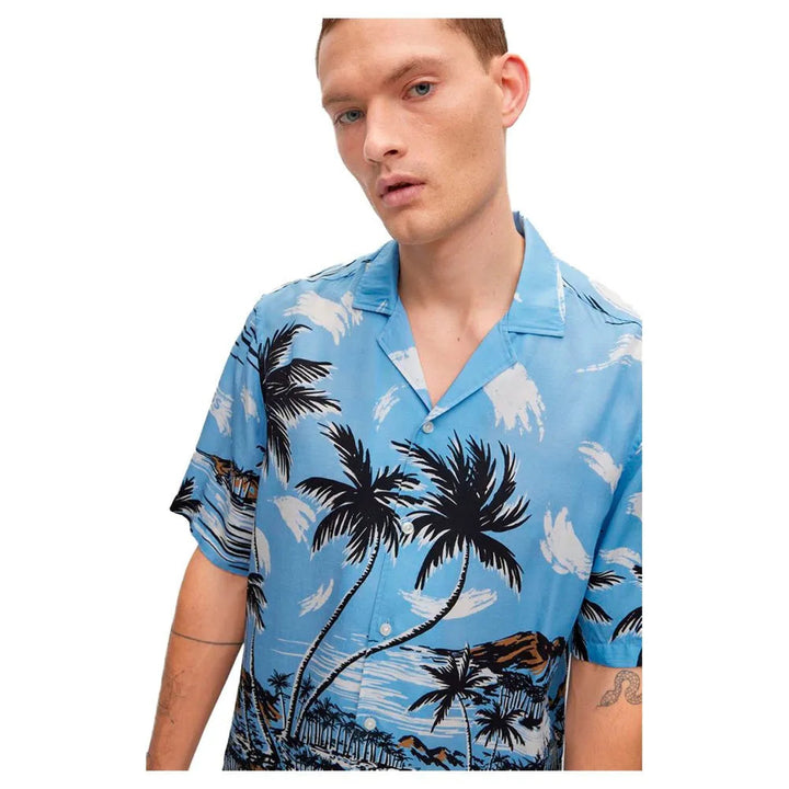 Translation missing: en.BOSS Men's Regular Fit Lars O Tropical Print Shirt in Open Blue-XL
