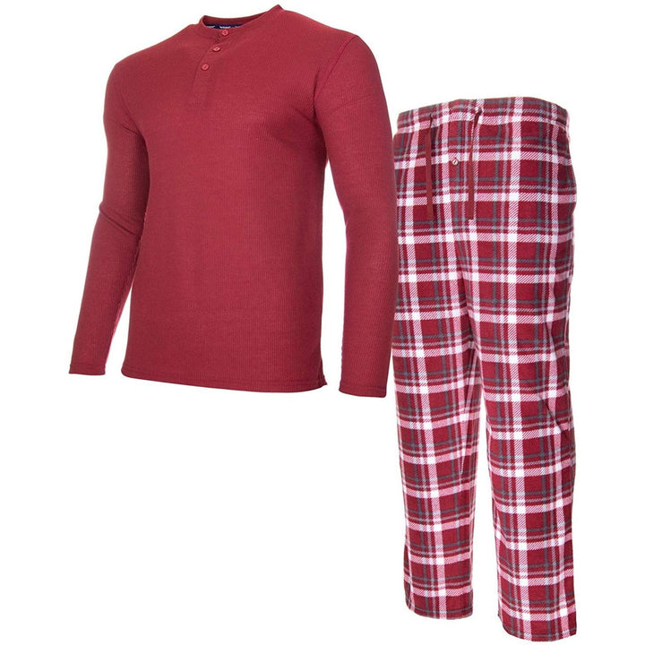 Translation missing: en.isotoner Mens Thermal Sleep Set Soft Jersey Knit Top Flannel Bottom Red-Large