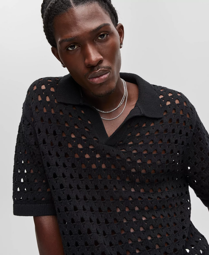 Translation missing: en.Mode of One Men's Johnny-Collar Open-Stitch Short-Sleeve Sweater Black-Medium