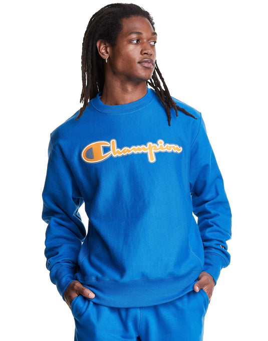 Translation missing: en.Champion Mens Reverse Weave Crew Script Logo Applique Sweatshirt Blue-Large