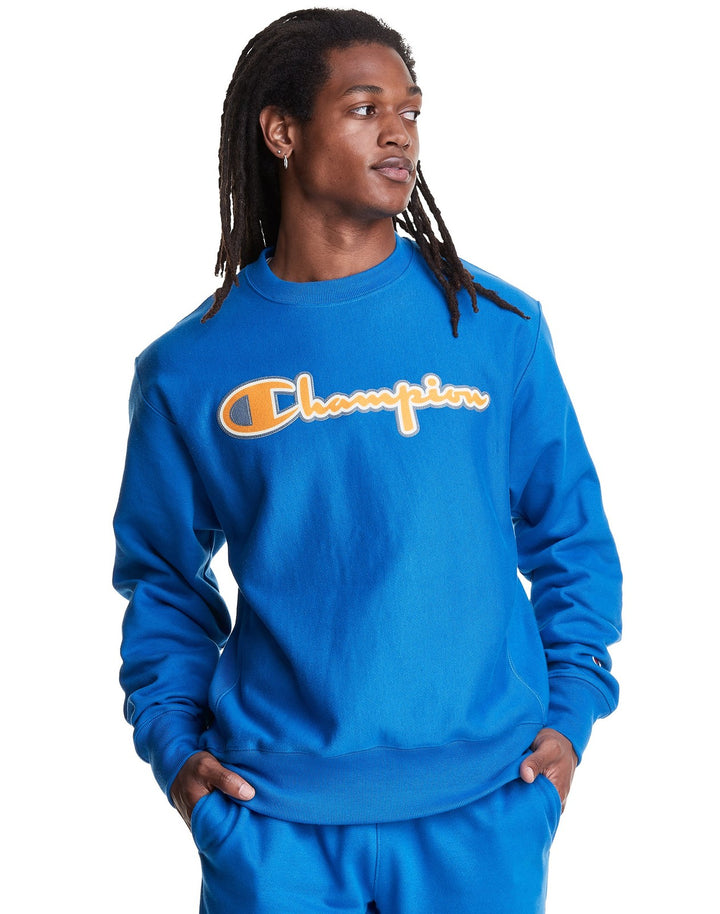 Translation missing: en.Champion Mens Reverse Weave Crew Script Logo Applique Sweatshirt Blue-Large