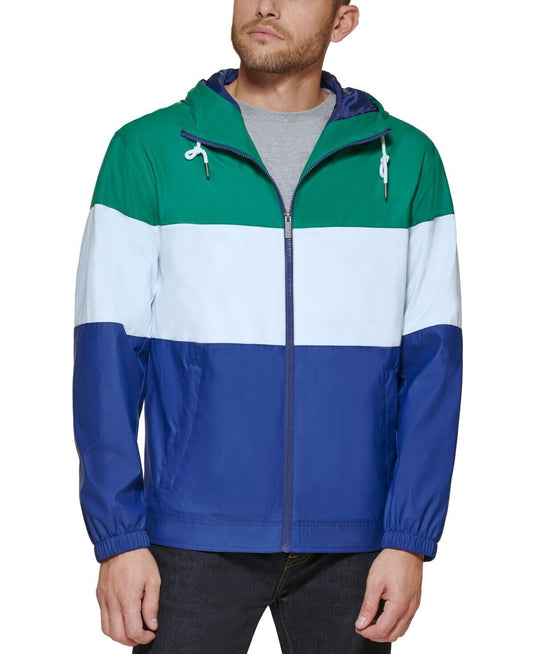 Translation missing: en.Club Room Men's Rubberized Lightweight Hooded Rain Jacket in Navy/Green/Ivory-L