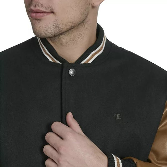 Translation missing: en.Champion Men's Mixed Media Varsity Jacket - Rainforest/Tobacco -Size Medium