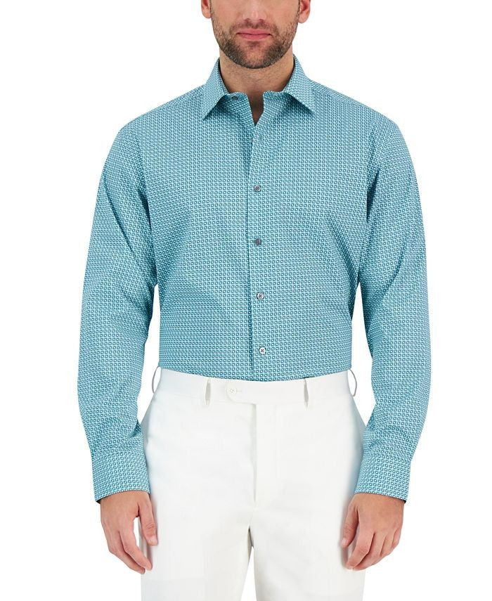 Translation missing: en.Alfani Mens Regular Fit Stain Resistant Geo Print Dress Shirt Teal 15-15.5 32-33