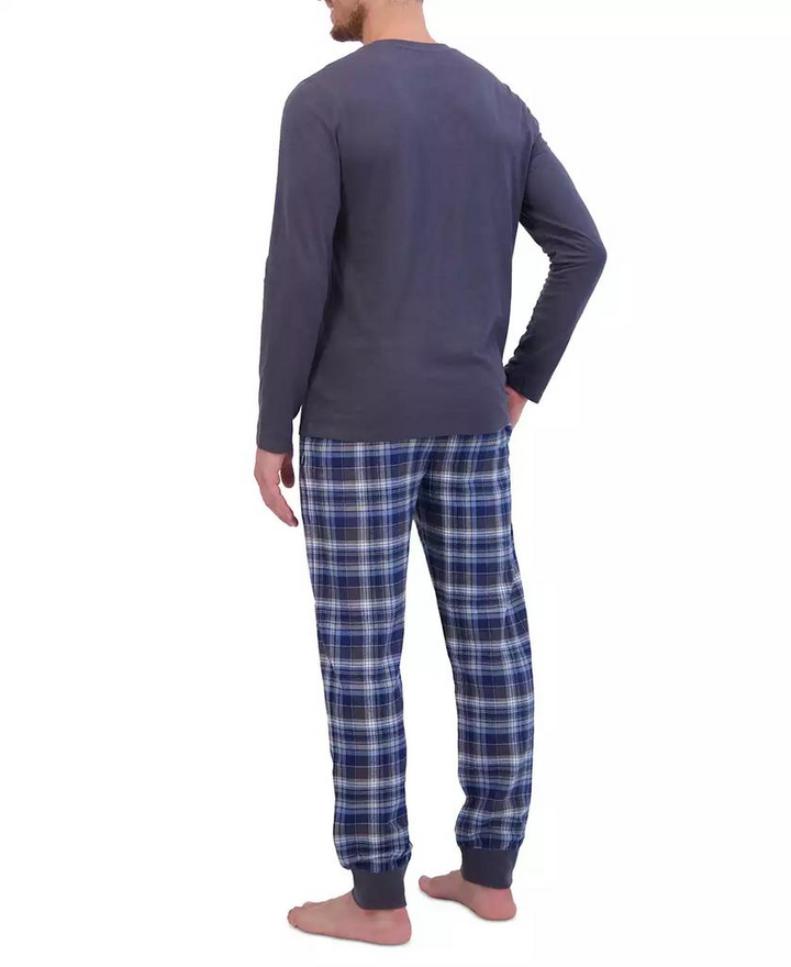 Translation missing: en.Hanes Men's 2-Pc. Henley Crew Top &amp; Ultra Soft Flannel Jogger Sleep Set Grey-XL